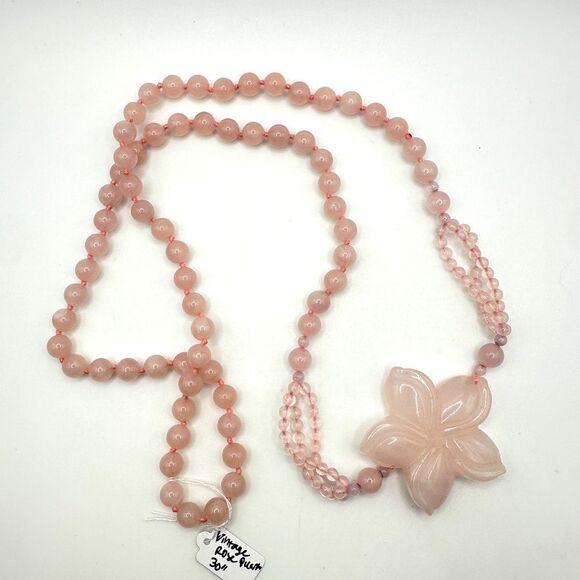 Solid rose quartz beaded and carved flower pendant necklace! - Picture 1 of 11
